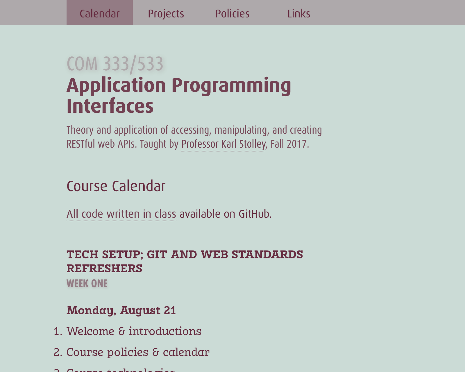 Screenshot of COM 333 course site.